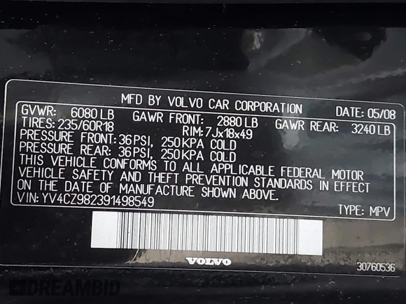 2009 Volvo XC90 I6 with VIN YV4CZ982391498549, listed as a IAAI auction lot 42158536 with 129,076 mi miles and . Bid and sale history available at carsss.com. Image 9.