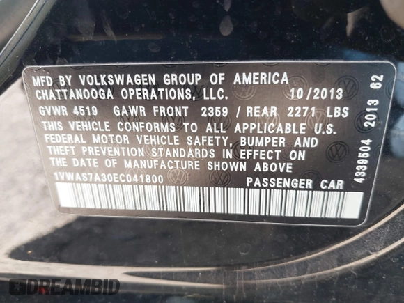 2014 Volkswagen Passat Wolfsburg Edition with VIN 1VWAS7A30EC041800, listed as a IAAI auction lot 41769648 with 120,645 mi miles and . Bid and sale history available at DreamBid. Image 9.