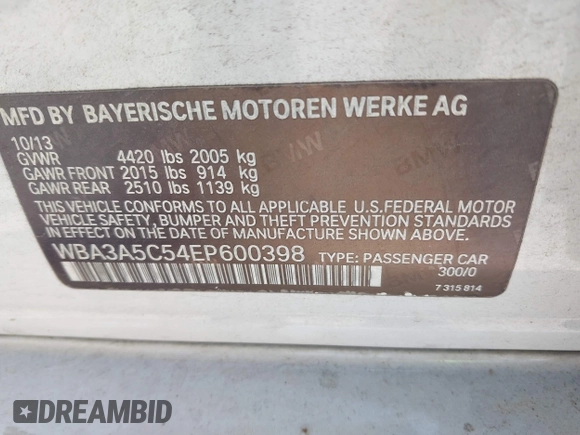 2014 BMW 3 Series 328i with VIN WBA3A5C54EP600398, listed as a IAAI auction lot 42665302 with 117,012 mi miles and . Bid and sale history available at DreamBid. Image 9.