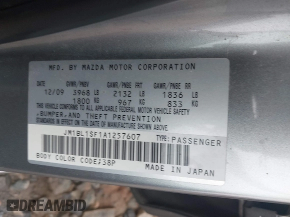 2010 Mazda 3 i SV with VIN JM1BL1SF1A1257607, listed as a IAAI auction lot 41927469 with 116,880 mi miles and . Bid and sale history available at DreamBid. Image 9.