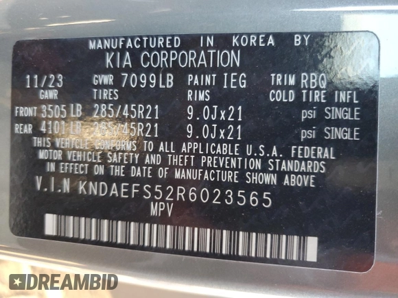 2024 Kia EV9 GT-Line with VIN KNDAEFS52R6023565, listed as a Copart auction lot 88244235 with 6,131 mi miles and Salvage Title. Bid and sale history available at carsss.com. Image 16.