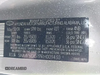 2024 Hyundai Santa Fe Calligraphy z VIN 5NMP5DG19RH009430, wystawiony jako IAAI lot #41195514 z przebiegiem 9 099 mil mil oraz . Historia ofert i sprzedaży dostępna na DreamBid. Obrazek 9.