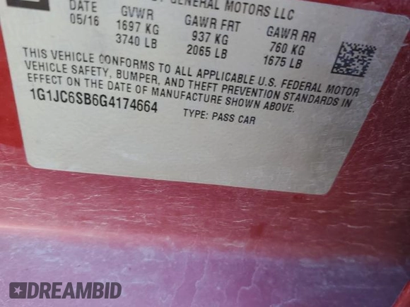 2016 Chevrolet Sonic LT with VIN 1G1JC6SB6G4174664, listed as a Copart auction lot 79858574 with 52,844 mi miles and Clean Title. Bid and sale history available at carsss.com. Image 14.