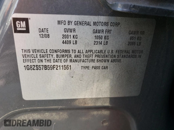 2009 Saturn Aura XE with VIN 1G8ZS57B59F211561, listed as a Copart auction lot 54940875 with 139,479 mi miles and Salvage Title. Bid and sale history available at DreamBid. Image 12.