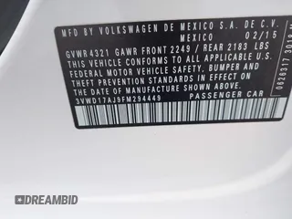 2015 Volkswagen Jetta Sport z VIN 3VWD17AJ9FM294449, wystawiony jako IAAI lot #42507227 z przebiegiem 154 277 mil mil oraz . Historia ofert i sprzedaży dostępna na DreamBid. Obrazek 9.