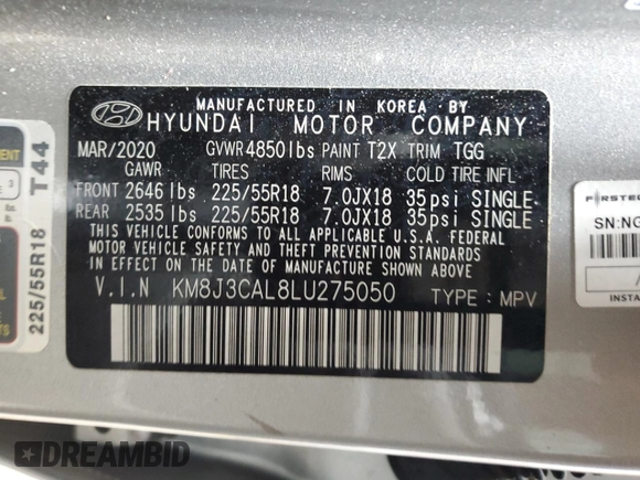 2020 Hyundai Tucson SEL z VIN KM8J3CAL8LU275050, wystawiony jako Copart lot #86545034 z przebiegiem 28 081 mil mil oraz Szkoda całkowita • Salvage title. Historia ofert i sprzedaży dostępna na DreamBid. Obrazek 13.