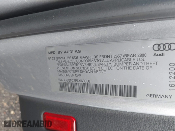 2023 Audi A6 Premium z VIN WAUD3BF27PN068058, wystawiony jako IAAI lot #42179522 z przebiegiem 7 869 mil mil oraz . Historia ofert i sprzedaży dostępna na DreamBid. Obrazek 9.