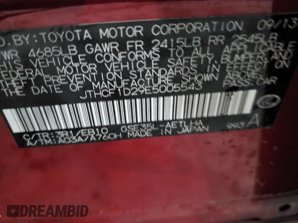 2014 Lexus IS 250 with VIN JTHCF1D29E5005543, listed as a Copart auction lot 64563095 with 88,284 mi miles and Salvage title. Bid and sale history available at DreamBid. Image 13.