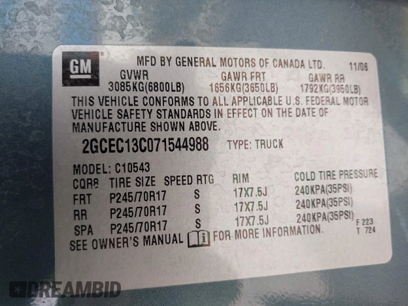 2007 Chevrolet Silverado 1500 LS with VIN 2GCEC13C071544988, listed as a IAAI auction lot 41908784 with 161,463 mi miles and . Bid and sale history available at DreamBid. Image 9.