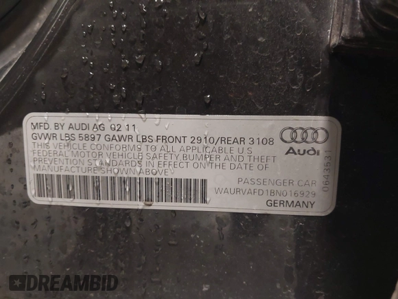 2011 Audi A8 with VIN WAURVAFD1BN016929, listed as a IAAI auction lot 42144918 with 171,874 mi miles and . Bid and sale history available at DreamBid. Image 9.