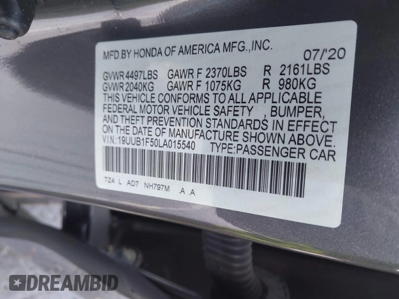 2020 Acura TLX Technology with VIN 19UUB1F50LA015540, listed as a IAAI auction lot 41710482 with 52,932 mi miles and . Bid and sale history available at carsss.com. Image 9.