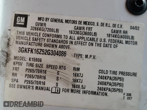 2002 GMC Yukon XL SLT z VIN 3GKFK16Z52G304086, wystawiony jako Copart lot #52407905 z przebiegiem Nie podano mil oraz Szkody całkowita. Historia ofert i sprzedaży dostępna na DreamBid. Obrazek 13.