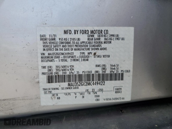 2021 Ford EcoSport SE with VIN MAJ3S2GE2MC449422, listed as a Copart auction lot 54005365 with 41,980 mi miles and Salvage Title. Bid and sale history available at DreamBid. Image 14.
