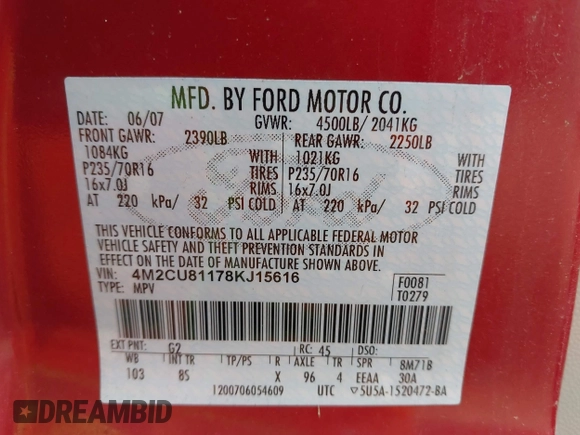 2008 Mercury Mariner with VIN 4M2CU81178KJ15616, listed as a IAAI auction lot 42166858 with 187,444 mi miles and . Bid and sale history available at DreamBid. Image 9.