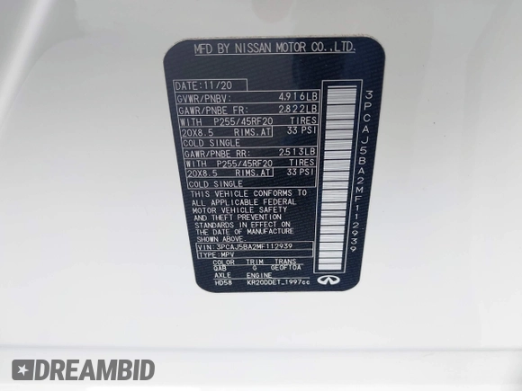 2021 Infiniti QX50 Luxe with VIN 3PCAJ5BA2MF112939, listed as a IAAI auction lot 42191494 with 25,076 mi miles and . Bid and sale history available at DreamBid. Image 9.