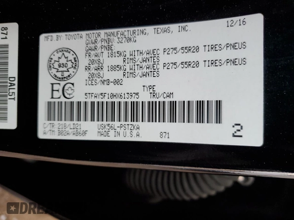 2017 Toyota Tundra Platinum z VIN 5TFAY5F10HX613975, wystawiony jako Copart lot #49817215 z przebiegiem 129 735 mil mil oraz Szkoda całkowita • Salvage title. Historia ofert i sprzedaży dostępna na DreamBid. Obrazek 14.