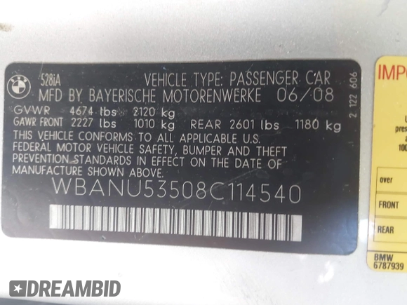 2008 BMW 5 Series 528i with VIN WBANU53508C114540, listed as a IAAI auction lot 41711424 with Not Provided miles and . Bid and sale history available at DreamBid. Image 9.