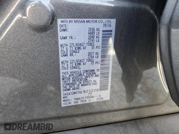 2016 Nissan Rogue S with VIN 5N1AT2MT7GC925228, listed as a Copart auction lot 49996655 with 125,622 mi miles and Salvage Title. Bid and sale history available at carsss.com. Image 16.