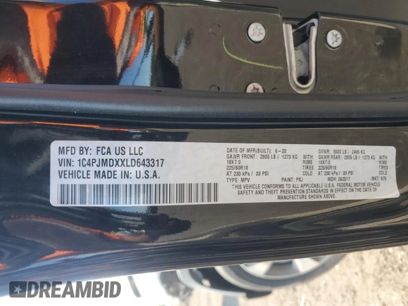 2020 Jeep Cherokee Limited with VIN 1C4PJMDXXLD643317, listed as a Copart auction lot 59341115 with 58,514 mi miles and Salvage title. Bid and sale history available at DreamBid. Image 14.