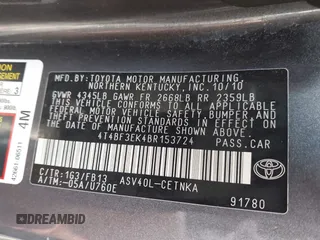 2011 Toyota Camry LE with VIN 4T4BF3EK4BR153724, listed as a IAAI auction lot 42031472 with 122,907 mi miles and . Bid and sale history available at carsss.com. Image 9.