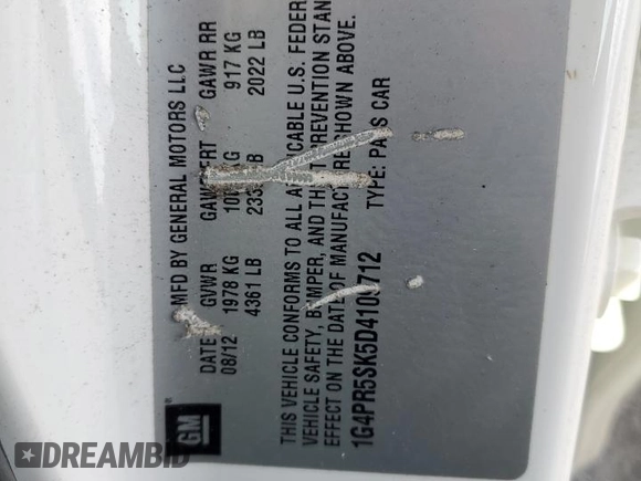 2013 Buick Verano Convenience Group with VIN 1G4PR5SK5D4109712, listed as a Copart auction lot 51054305 with 80,906 mi miles and Salvage Title. Bid and sale history available at DreamBid. Image 14.