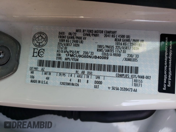 2022 Ford Escape SE with VIN 1FMCU9G60NUB40089, listed as a Copart auction lot 48737435 with 76,013 mi miles and Salvage Title. Bid and sale history available at DreamBid. Image 14.