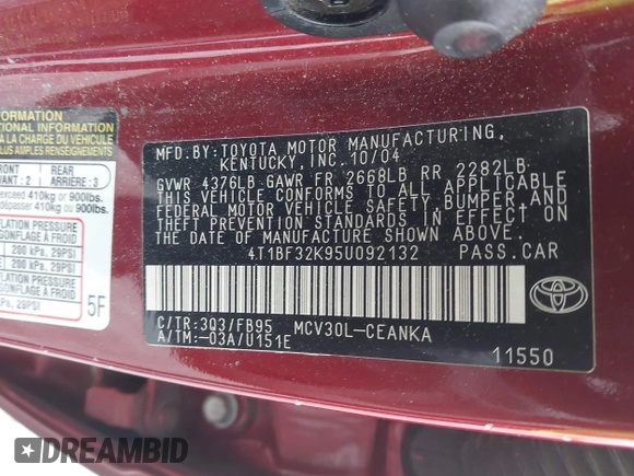 2005 Toyota Camry LE with VIN 4T1BF32K95U092132, listed as a IAAI auction lot 41831969 with 103,466 mi miles and . Bid and sale history available at DreamBid. Image 9.