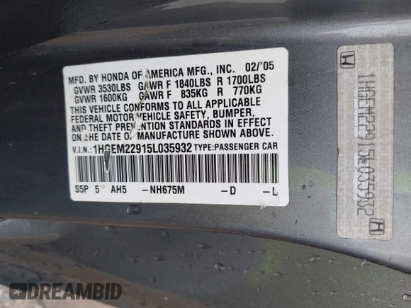 2005 Honda Civic Cpe EX with VIN 1HGEM22915L035932, listed as a IAAI auction lot 42165371 with 279,135 mi miles. Bid and sale history available at carsss.com. Image 9.