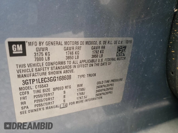 2016 GMC Sierra 1500 with VIN 3GTP1LEC3GG168608, listed as a Copart auction lot 47271005 with 114,323 mi miles and Salvage Title. Bid and sale history available at DreamBid. Image 12.