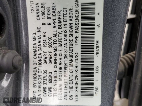 2018 Honda Civic LX with VIN 2HGFC2F58JH520784, listed as a Copart auction lot 49917785 with 49,059 mi miles and Salvage Title. Bid and sale history available at carsss.com. Image 12.