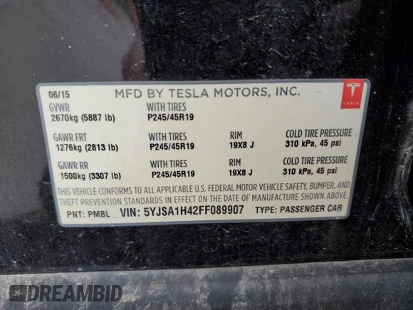 2015 Tesla Model S 85D with VIN 5YJSA1H42FF089907, listed as a Copart auction lot 53964335 with 70,386 mi miles and Salvage Title. Bid and sale history available at carsss.com. Image 12.