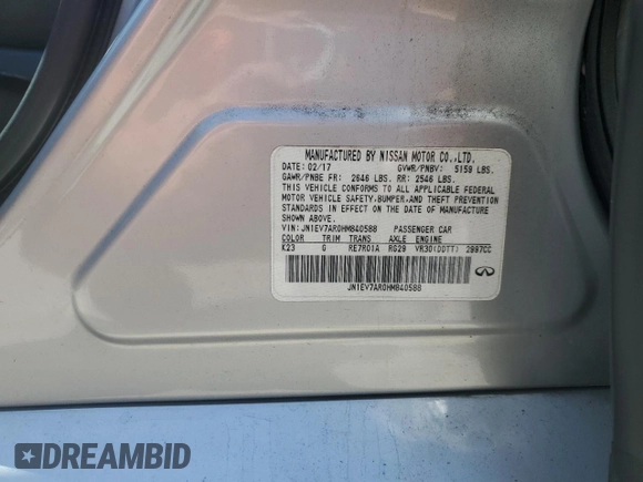 2017 Infiniti Q50 3.0t Premium with VIN JN1EV7AR0HM840588, listed as a Copart auction lot 53259745 with 107,886 mi miles and Salvage Title. Bid and sale history available at carsss.com. Image 12.