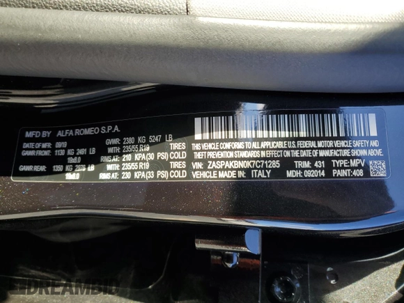 2019 Alfa Romeo Stelvio Ti Lusso z VIN ZASPAKBN0K7C71285, wystawiony jako Copart lot #83194964 z przebiegiem 59 811 mil mil oraz Szkoda całkowita • Salvage title. Historia ofert i sprzedaży dostępna na DreamBid. Obrazek 13.