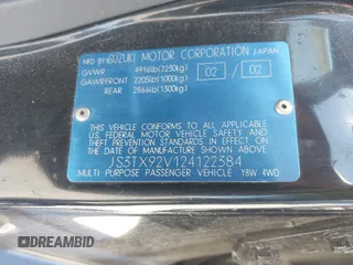 2002 Suzuki XL7 Standard with VIN JS3TX92V124122384, listed as a IAAI auction lot 42709086 with 196,311 mi miles and . Bid and sale history available at DreamBid. Image 9.