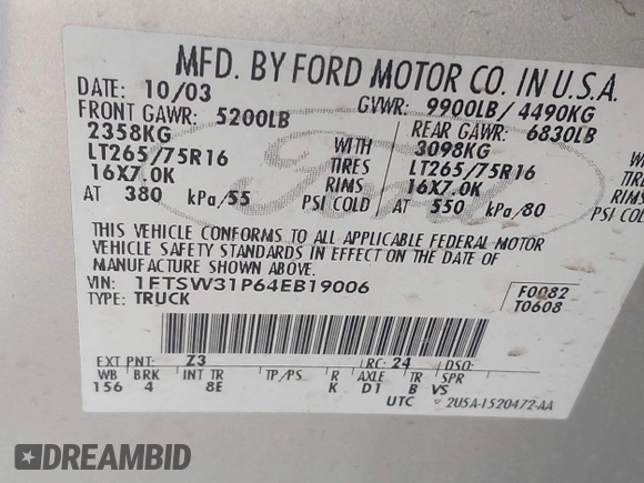 2004 Ford F-350 XL with VIN 1FTSW31P64EB19006, listed as a IAAI auction lot 41452911 with Not provided miles and . Bid and sale history available at DreamBid. Image 9.