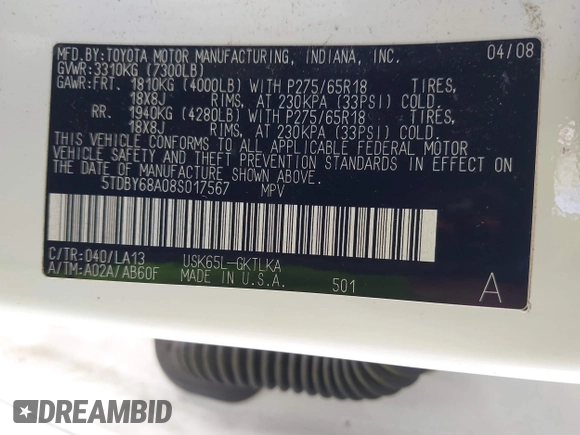 2008 Toyota Sequoia Limited with VIN 5TDBY68A08S017567, listed as a IAAI auction lot 42143328 with Not Provided miles and . Bid and sale history available at DreamBid. Image 9.