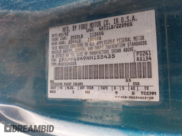 1992 Ford Thunderbird with VIN 1FAPP6049NH155435, listed as a IAAI auction lot 41995083 with 152,615 mi miles and . Bid and sale history available at DreamBid. Image 9.