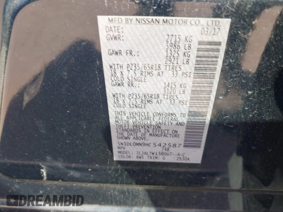 2017 Infiniti QX60 with VIN 5N1DL0MN9HC542587, listed as a IAAI auction lot 41745897 with 85,746 mi miles and . Bid and sale history available at carsss.com. Image 9.