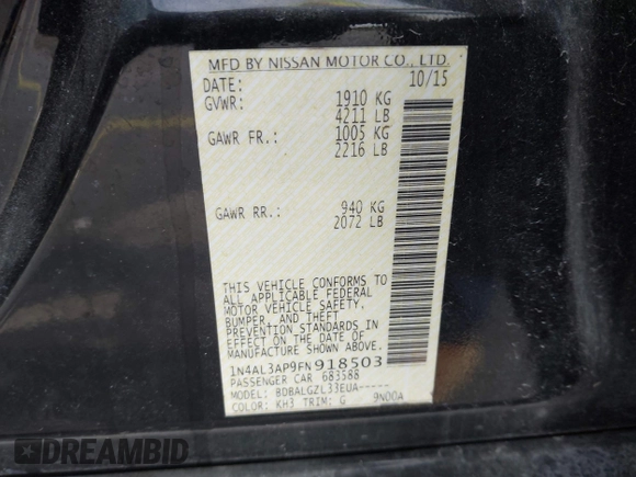 2015 Nissan Altima 2.5 S with VIN 1N4AL3AP9FN918503, listed as a IAAI auction lot 41997883 with 111,336 mi miles. Bid and sale history available at carsss.com. Image 9.