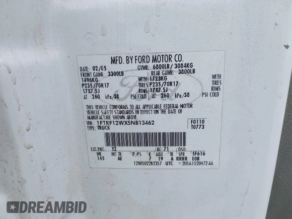 2005 Ford F-150 XL with VIN 1FTRF12WX5NB13462, listed as a IAAI auction lot 42415840 with 216,932 mi miles and . Bid and sale history available at DreamBid. Image 9.