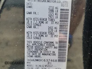 2015 Nissan Pathfinder Platinum with VIN 5N1AR2MM3FC637468, listed as a Copart auction lot 57300945 with 155,378 mi miles and Salvage title. Bid and sale history available at DreamBid. Image 14.