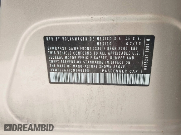 2013 Volkswagen Jetta TDI w/Sunroof & Nav with VIN 3VWPL7AJ1DM666998, listed as a IAAI auction lot 42483201 with 137,861 mi miles and . Bid and sale history available at DreamBid. Image 9.