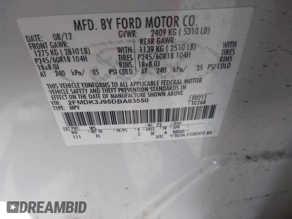 2013 Ford Edge SEL with VIN 2FMDK3J95DBA83550, listed as a IAAI auction lot 42067784 with 129,732 mi miles. Bid and sale history available at carsss.com. Image 9.