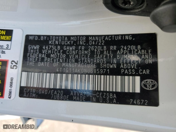 2022 Toyota Camry SE with VIN 4T1G11AK0NU685971, listed as a Copart auction lot 49299465 with 64,965 mi miles and Salvage Title. Bid and sale history available at carsss.com. Image 13.