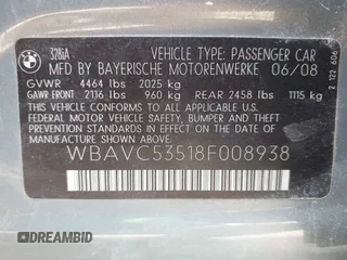 2008 BMW 3 Series 328i with VIN WBAVC53518F008938, listed as a IAAI auction lot 42150683 with 129,989 mi miles. Bid and sale history available at carsss.com. Image 9.