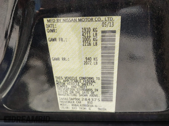 2013 Nissan Altima 2.5 S with VIN 1N4AL3AP9DC284375, listed as a IAAI auction lot 41849971 with 147,874 mi miles and . Bid and sale history available at carsss.com. Image 9.
