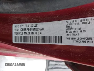 2022 Ram 1500 Big Horn with VIN 1C6RRFBG4NN263670, listed as a IAAI auction lot 41598066 with 49,999 mi miles and . Bid and sale history available at DreamBid. Image 9.