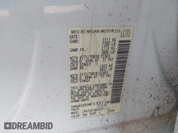 2021 Nissan Titan Pro-4X with VIN 1N6AA1ED5MN533759, listed as a IAAI auction lot 41203812 with 39,154 mi miles and . Bid and sale history available at DreamBid. Image 9.