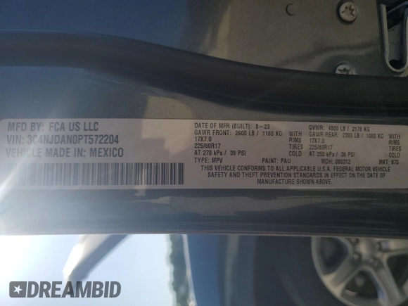 2023 Jeep Compass Sport with VIN 3C4NJDAN0PT572204, listed as a Copart auction lot 52490095 with 8,284 mi miles and Salvage title. Bid and sale history available at DreamBid. Image 13.