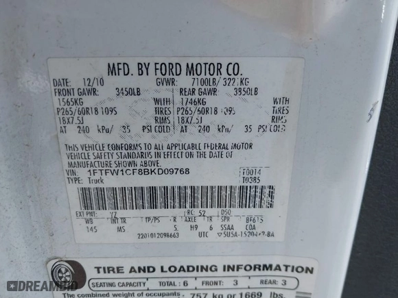 2011 Ford F-150 XL with VIN 1FTFW1CF8BKD09768, listed as a IAAI auction lot 41872432 with 387,896 mi miles. Bid and sale history available at carsss.com. Image 9.